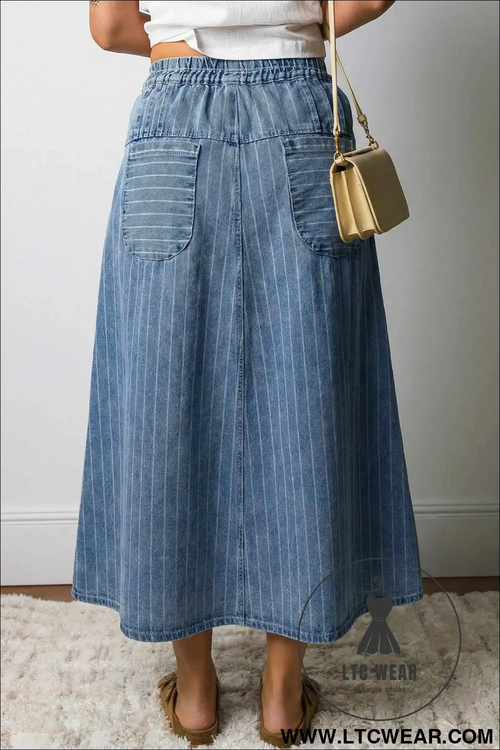 Sky Blue Stripe Button Pintuck High Waist Drawstring Denim Midi Skirt