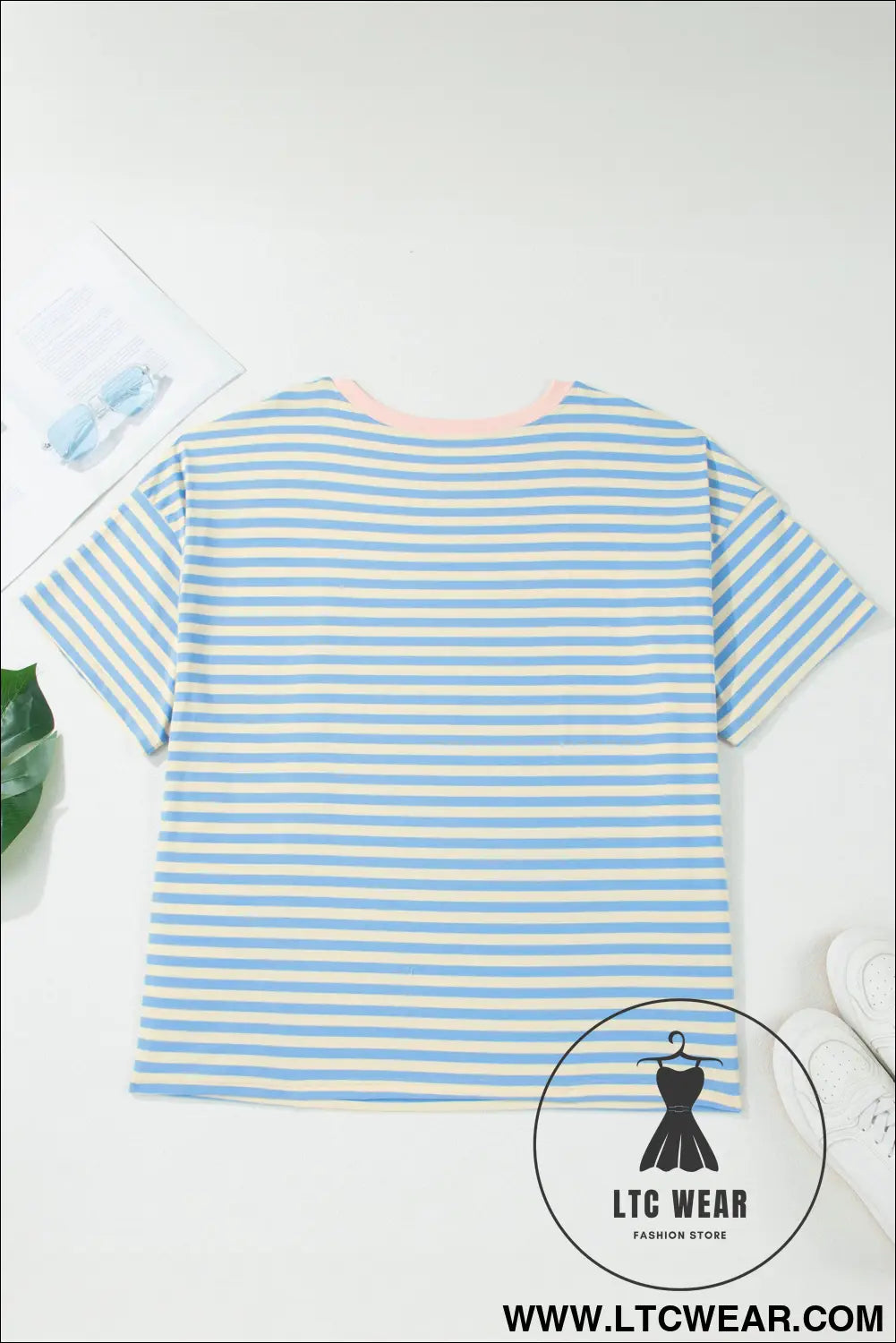 Sky Blue Stripe Plus Size Drop Shoulder Contrast Trim Round Neck Tee - L.T.C Wear Online Fashion Store