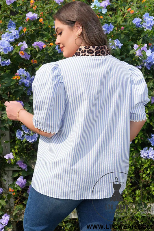 Sky Blue Stripe Plus Size Leopard Patchwork Collar Short Bubble Sleeve Blouse