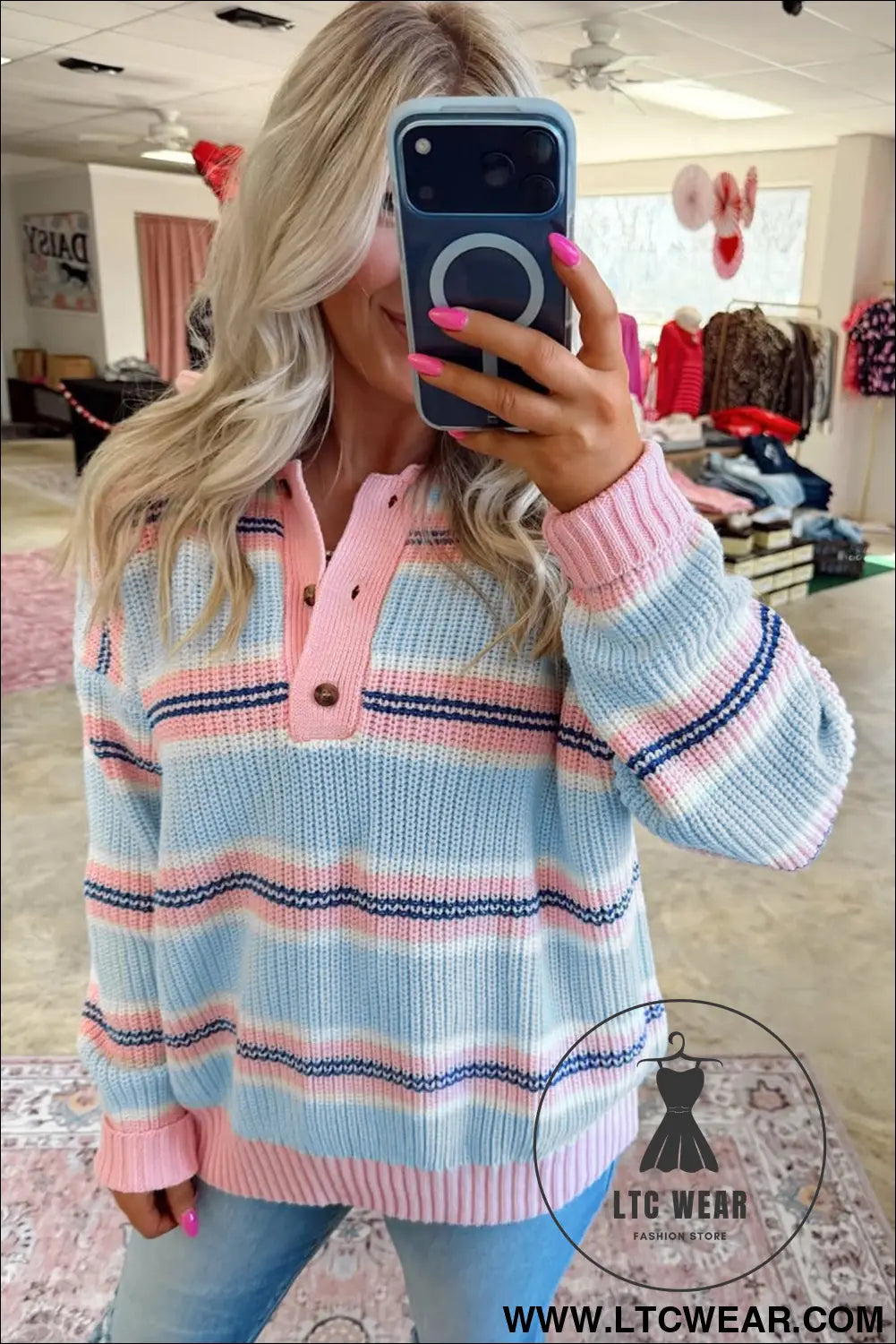 Sky Blue Stripe Striped Button Collar Long Sleeve Shift Fit Winter Knitwear Sweater