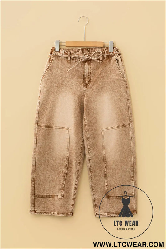 Smoke gray acid wash tie waist denim pants - jeans