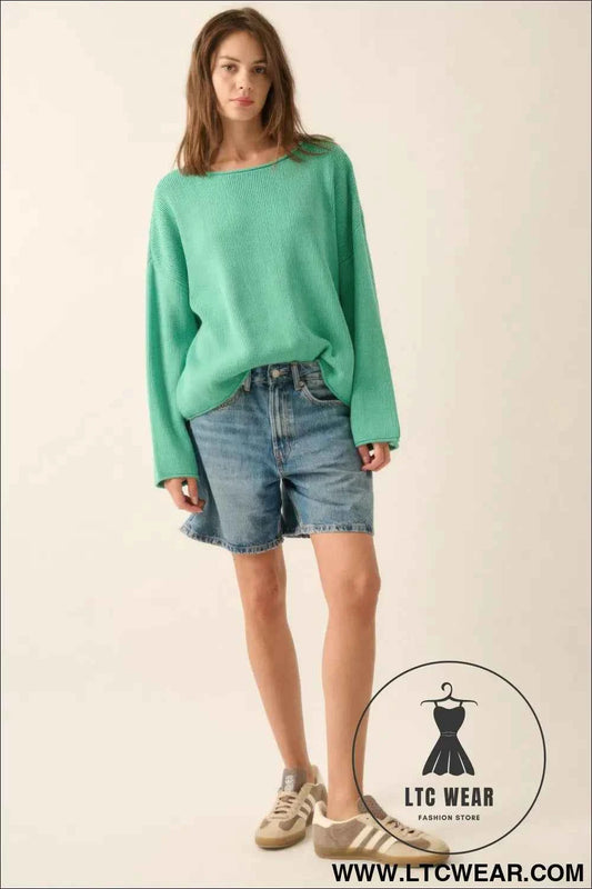 Solid Rib-knit Oversized Boatneck Sweater