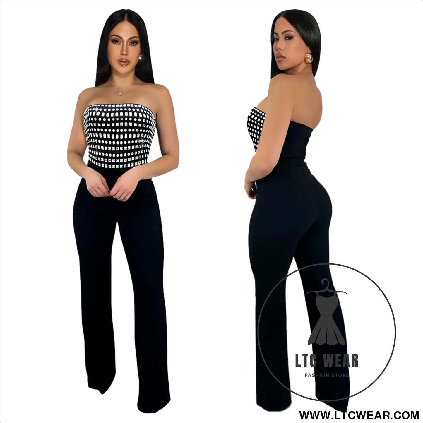 Style summer rhinestone bodysuit sexy strapless unique straight fit solid color long pants for women