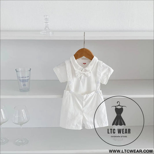 Summer baby hoodie tie suspender shorts two-piece set for gentlemen’s one month and one year old dress suspender pants