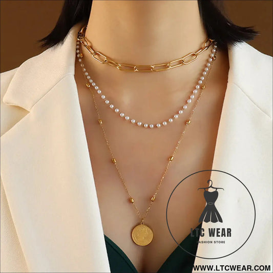 Synthetic pearl titanium steel three-layered necklace - gold / one size