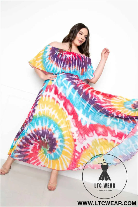 Tie Dye Off Shoulder Pleated Maxi Dress