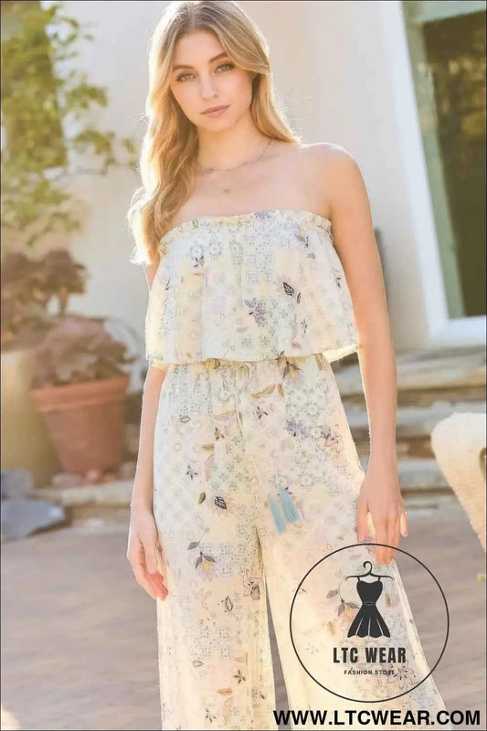 Tube Top With Tier Ruffle Waist Elastic Bottom Lace Trim Jumpsuit