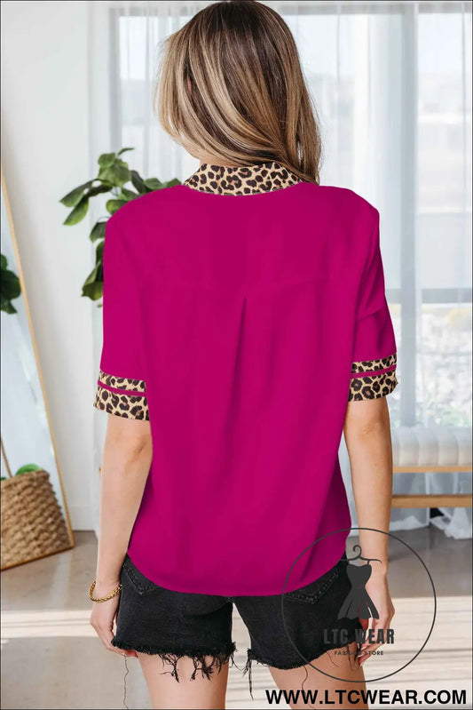 Violet Leopard Patchwork Trim Split Neck Short Sleeve Blouse