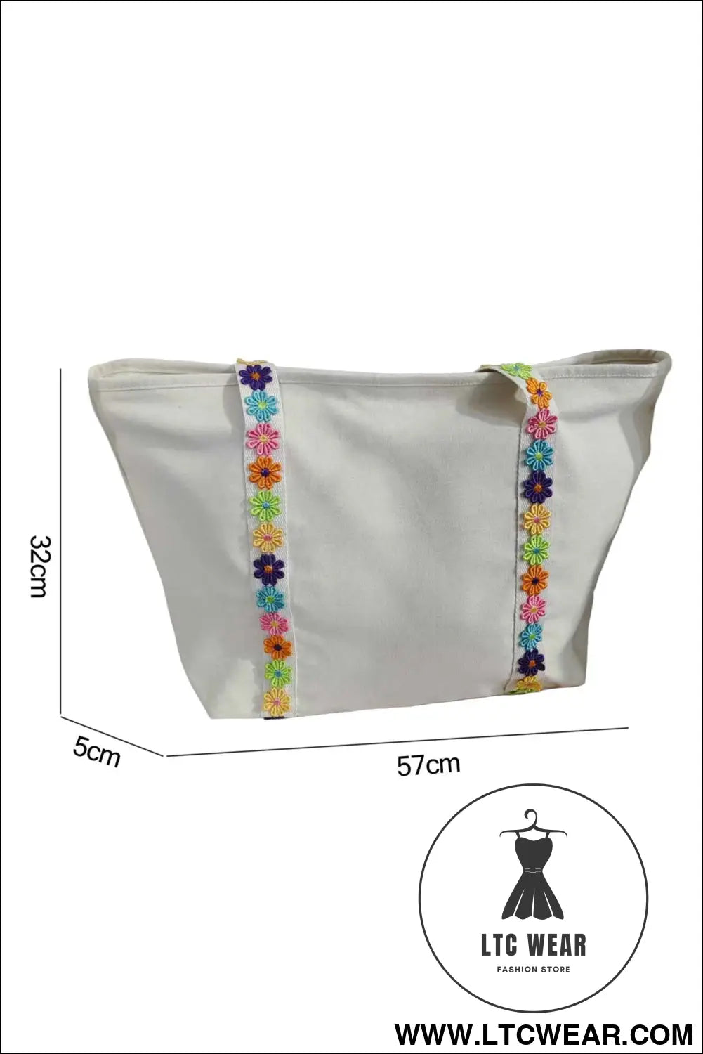 White Canvas Tote Bag with Embroidered Floral Strap Detail