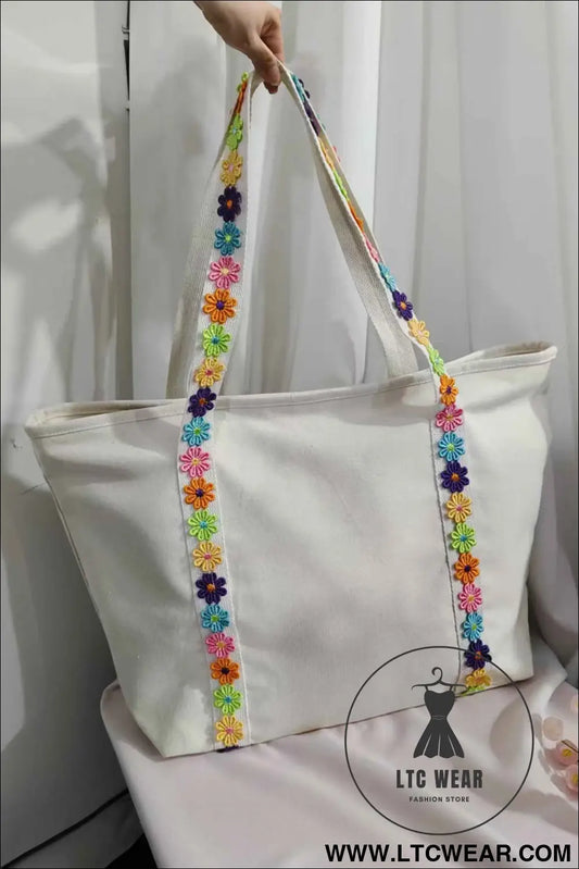 White Canvas Tote Bag with Embroidered Floral Strap Detail