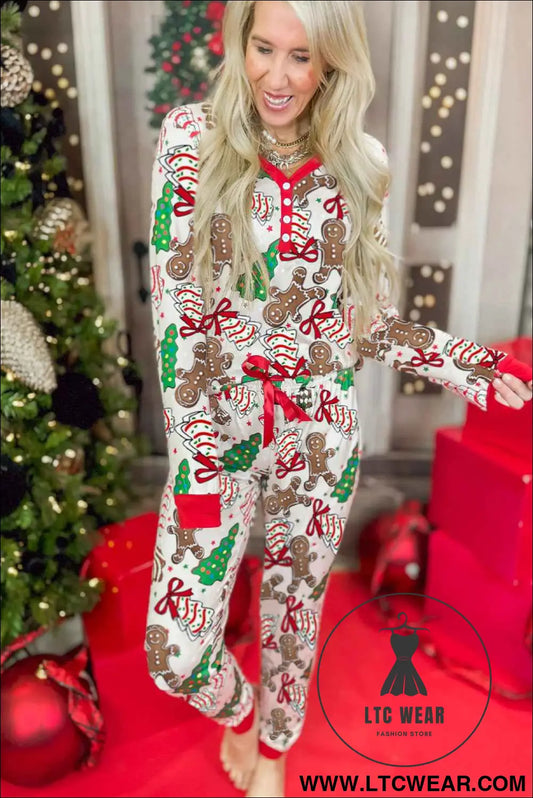 White Christmas Pattern Button V Neck Pullover Drawstring Pants 2pcs Lounge Set