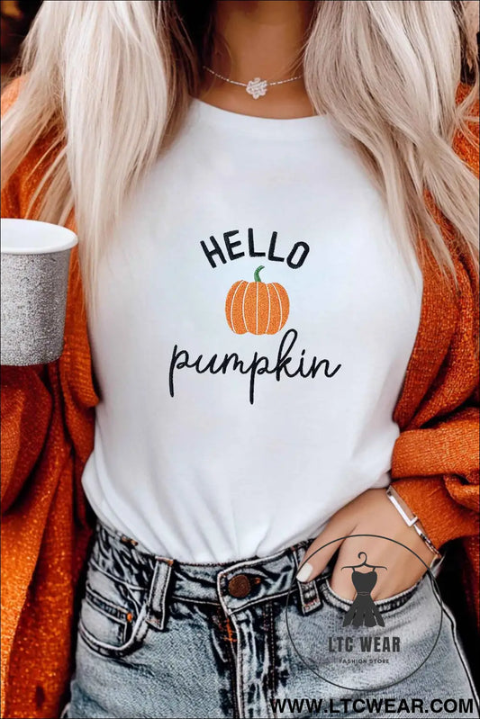 White Embroidered Pumpkin Slogan Short Sleeve T-Shirt