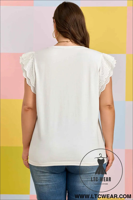 White Eyelet Crochet Splicing Short Sleeve Plus Size Tee