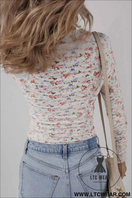 White Floral Print Slim Fit Square Neck Long Sleeve Top
