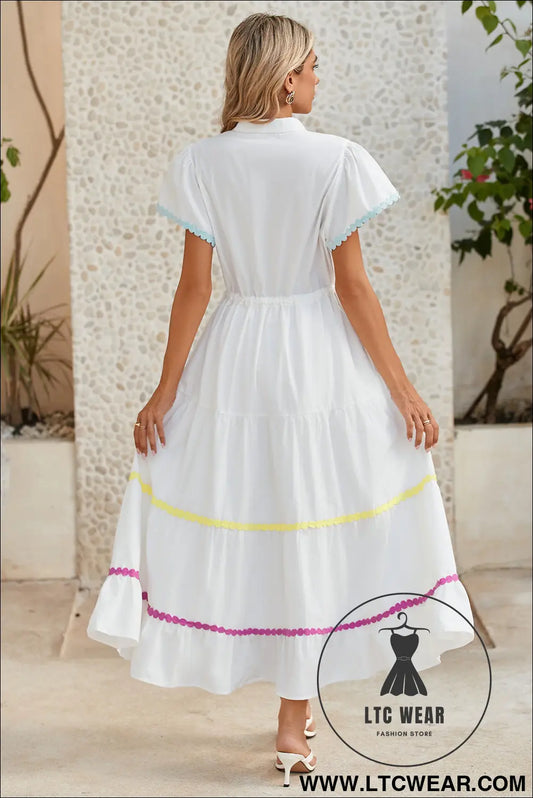 White high waist short sleeve tiered shirt dress - 20%