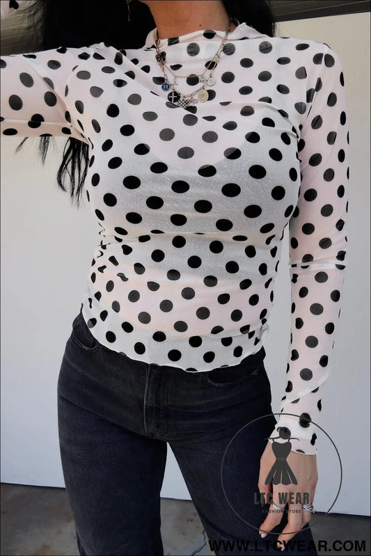 White polka dot mesh long sleeve stand neck sheath top - long sleeve tops