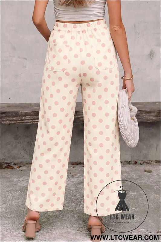 White Polka Dot Print Patched Pocket Mid-rise Straight Leg Pants