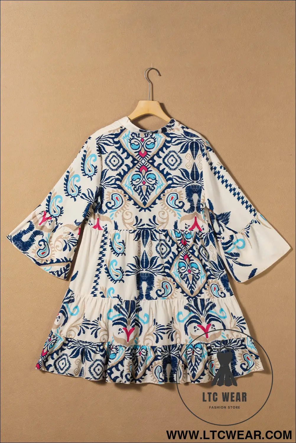 White Printed Tribal Bracelet Sleeve Buttoned Mini Dress - L.T.C Wear Online Fashion Store