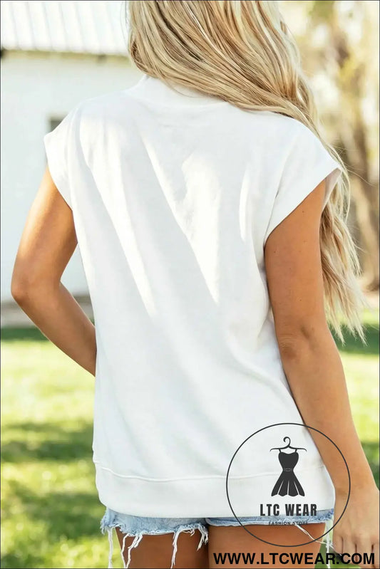 White Rhinestone Embellished Pumpkin Graphic High Neck Cap Sleeve Top