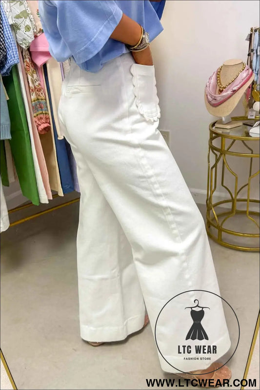 White Solid Color Scalloped Patch Pocket Shift Jeans