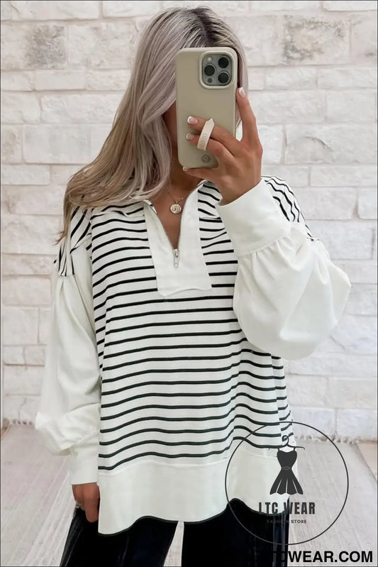 White Stripe Color Block Long Puff Sleeve Metal Zip-Up Collar Top