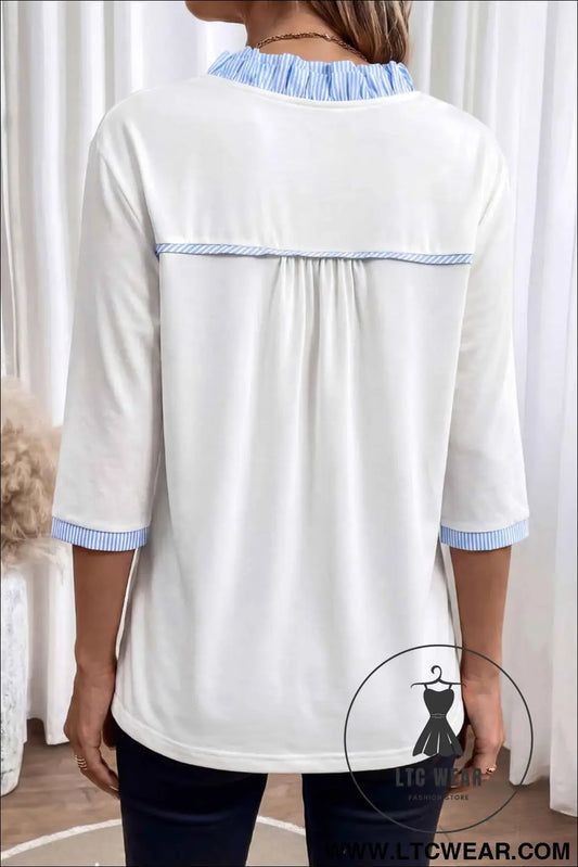 White Striped Patchwork V Neck 3/4 Sleeve Blouse