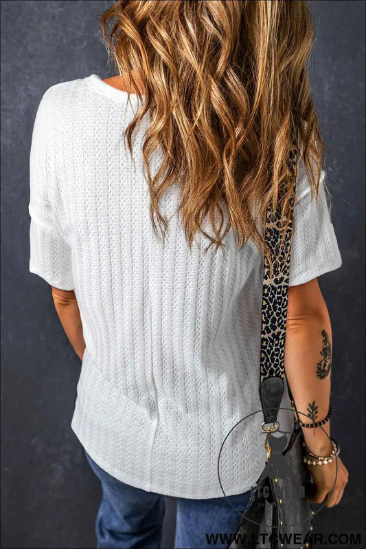 White Textured Hollow Grommet Placket Split Neck Short Sleeve Top
