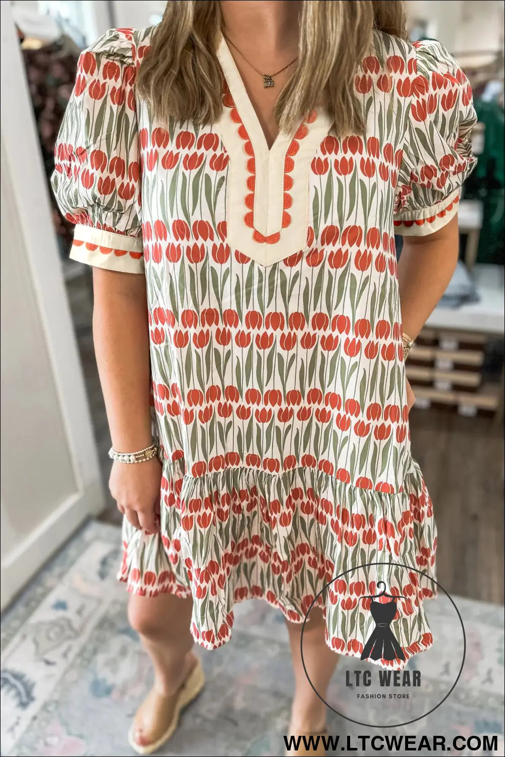 White Tulip Floral Print Cotton Puff Short Sleeve Mini Dress - L.T.C Wear Online Fashion Store
