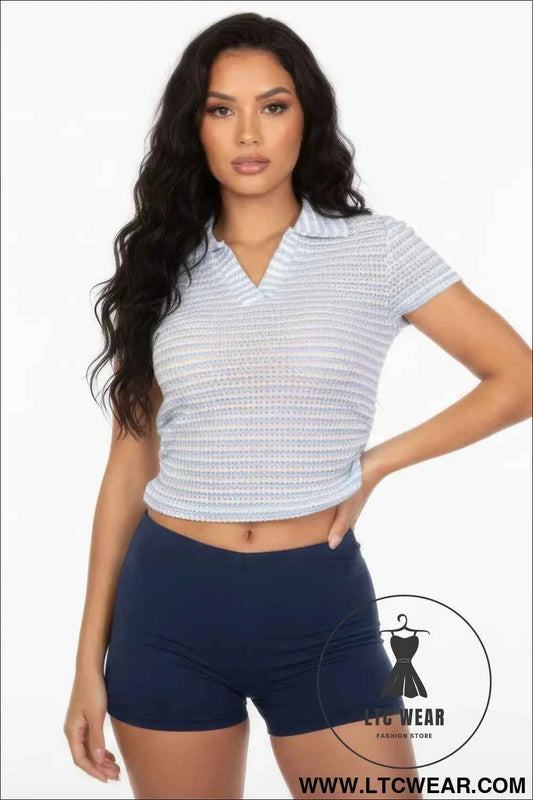 Women's Pineapple Knit Striped Polo Crop Top