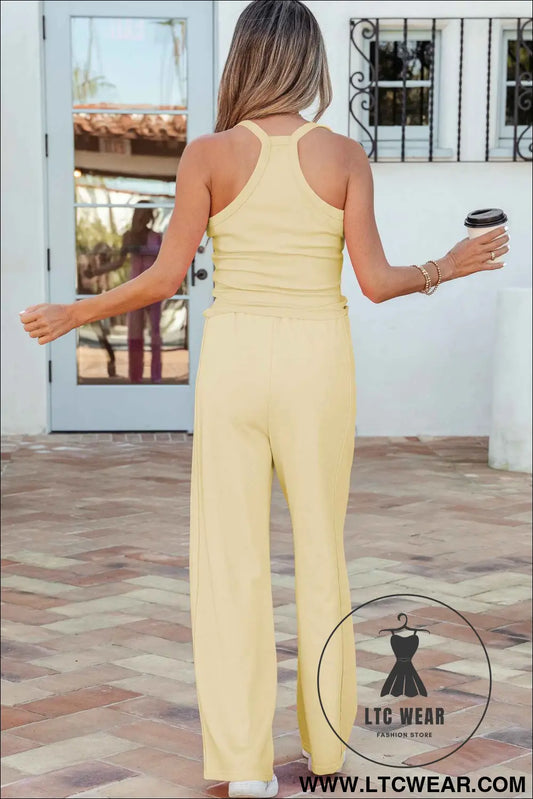 Yellow Cream Slim Ribbed Tank Top and Sweatpants Set