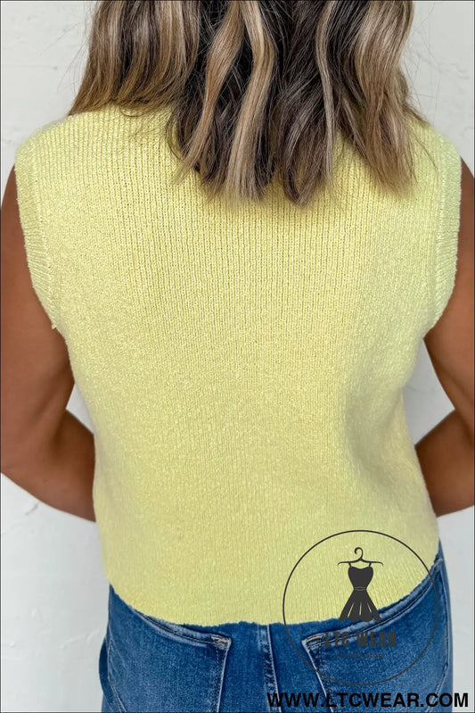 Yellow cream solid color sleeveless knit button pocketed sweater - sweater vests