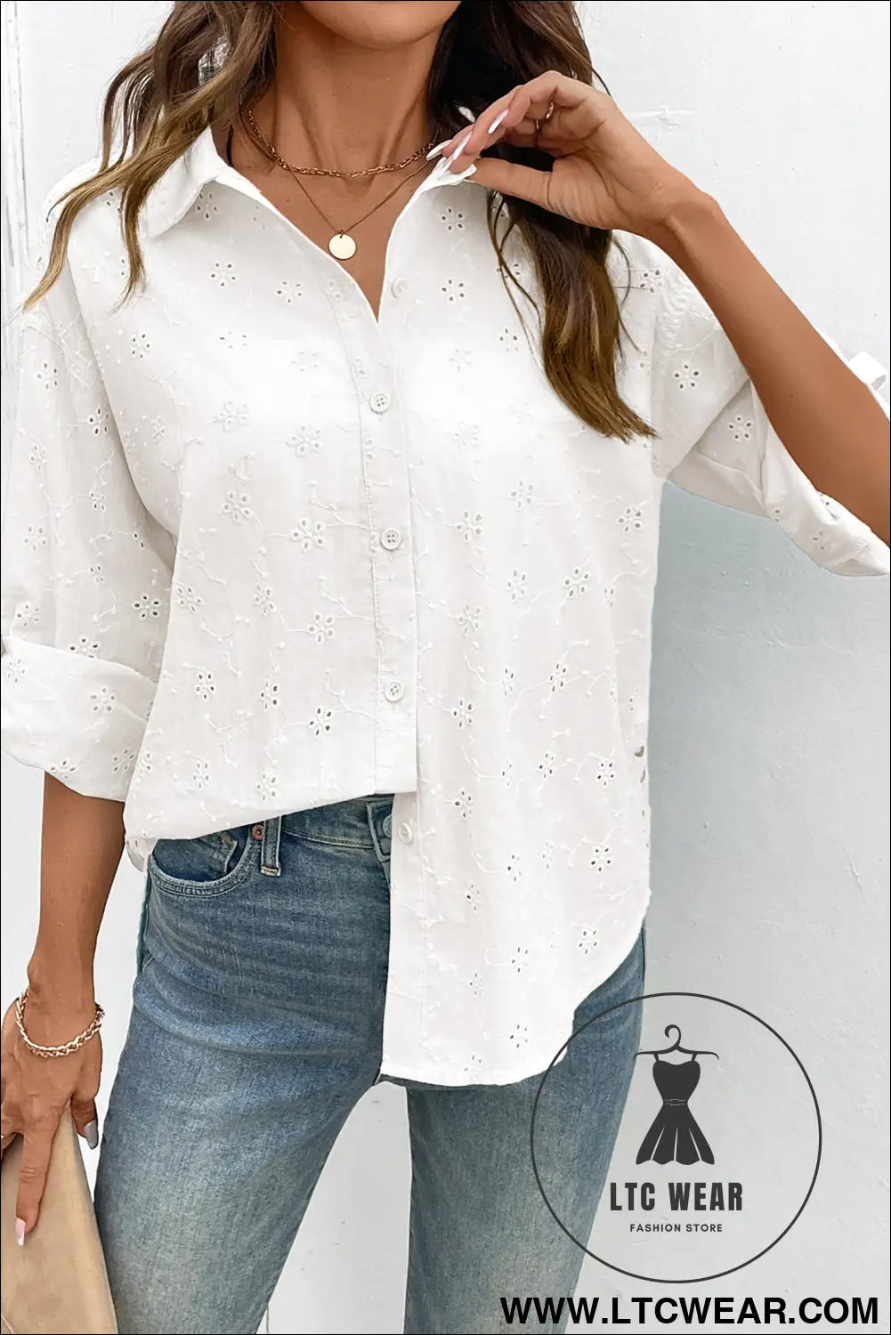 Yellow Cream Solid Eyelet Flower Pattern Button Down Loose Shirt - L.T.C Wear Online Fashion Store