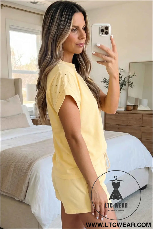 Yellow Eyelet Lace Patchwork Sleeve Short 2pcs Outfit