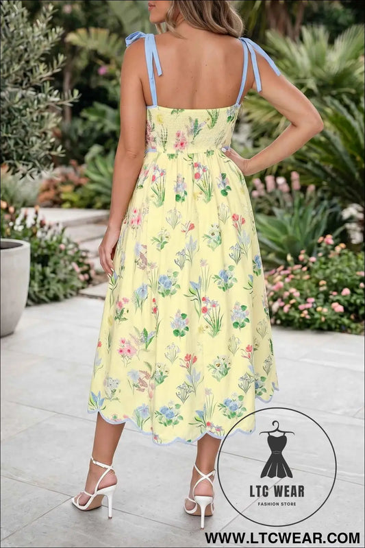 Yellow Floral Print Contrast Trim Self-tie Straps High Waist Midi Dress