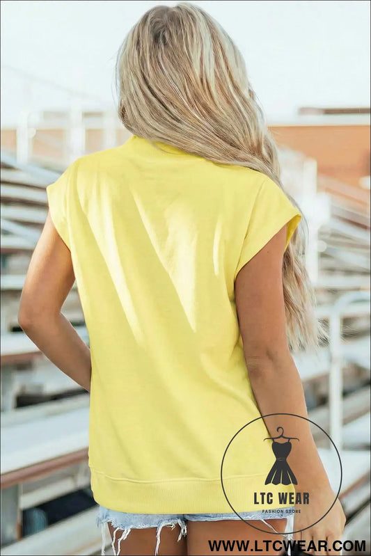 Yellow Solid Color High Neck Cap Sleeve Loose Top