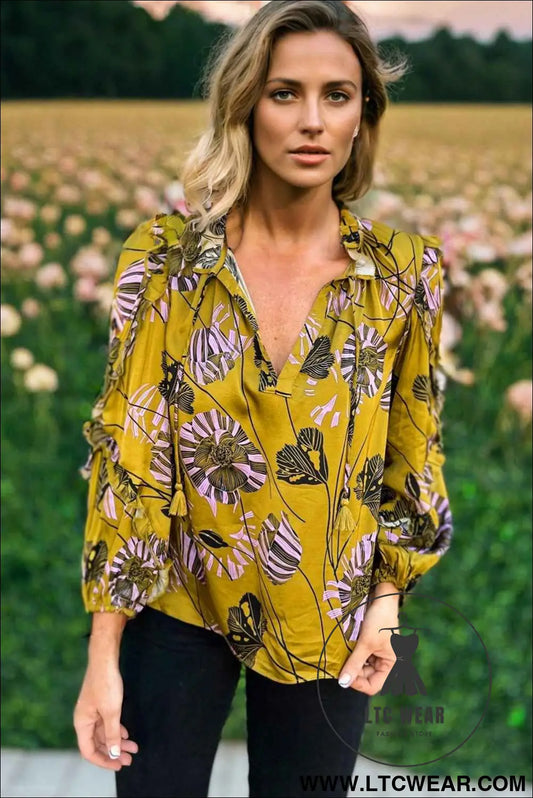 Yellow Vintage Floral V Neck Ruffle Trim Long Sleeve Blouse
