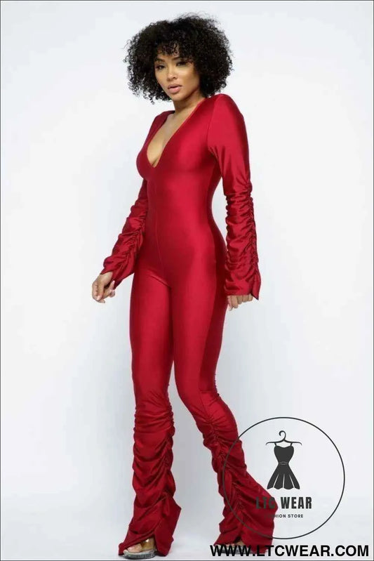 Yoga Shoulder Padded Ruched Stacked Jumpsuit