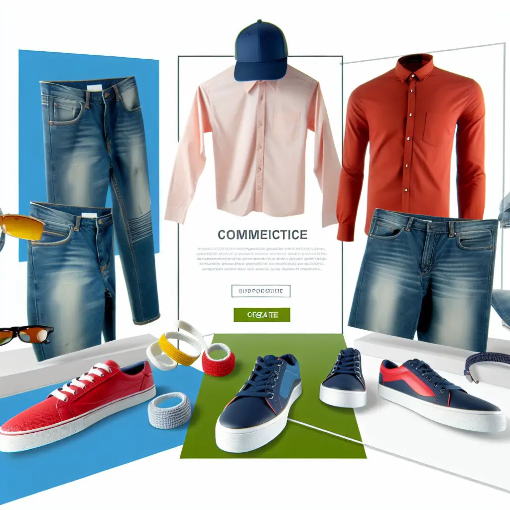 L.T.C Wear fashion display with jeans, pink button-down shirt, red long-sleeve shirt, sneakers, cap and accessories.