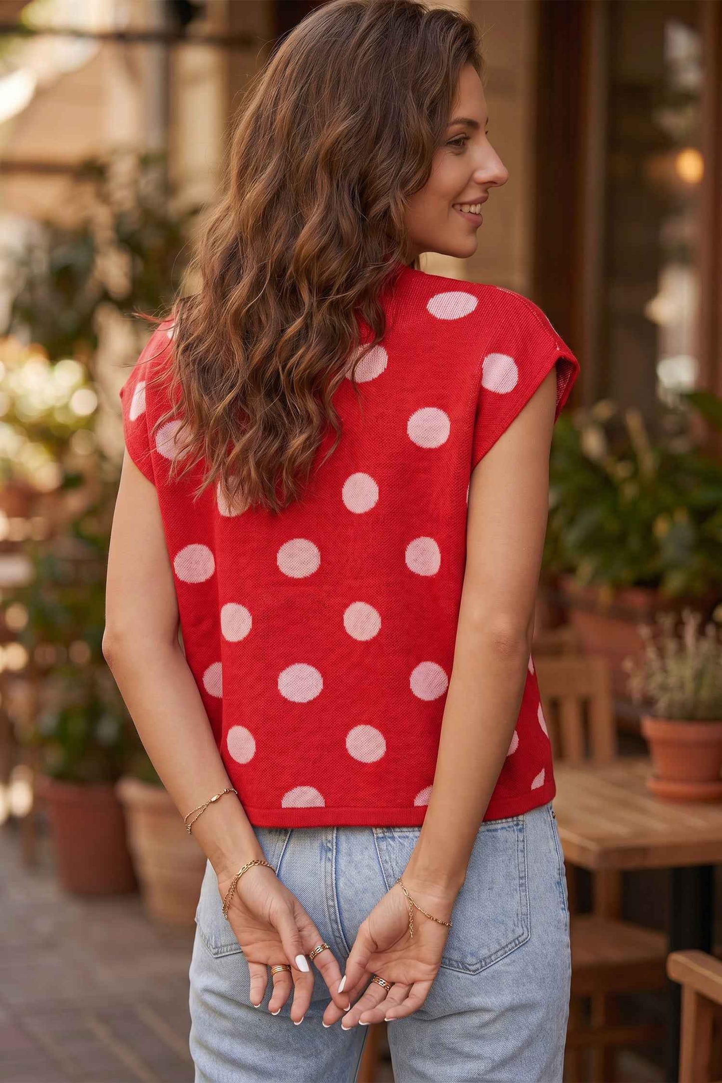Red Polka Dot Sleeveless Knit Button Drop Shoulder Sweater Vest