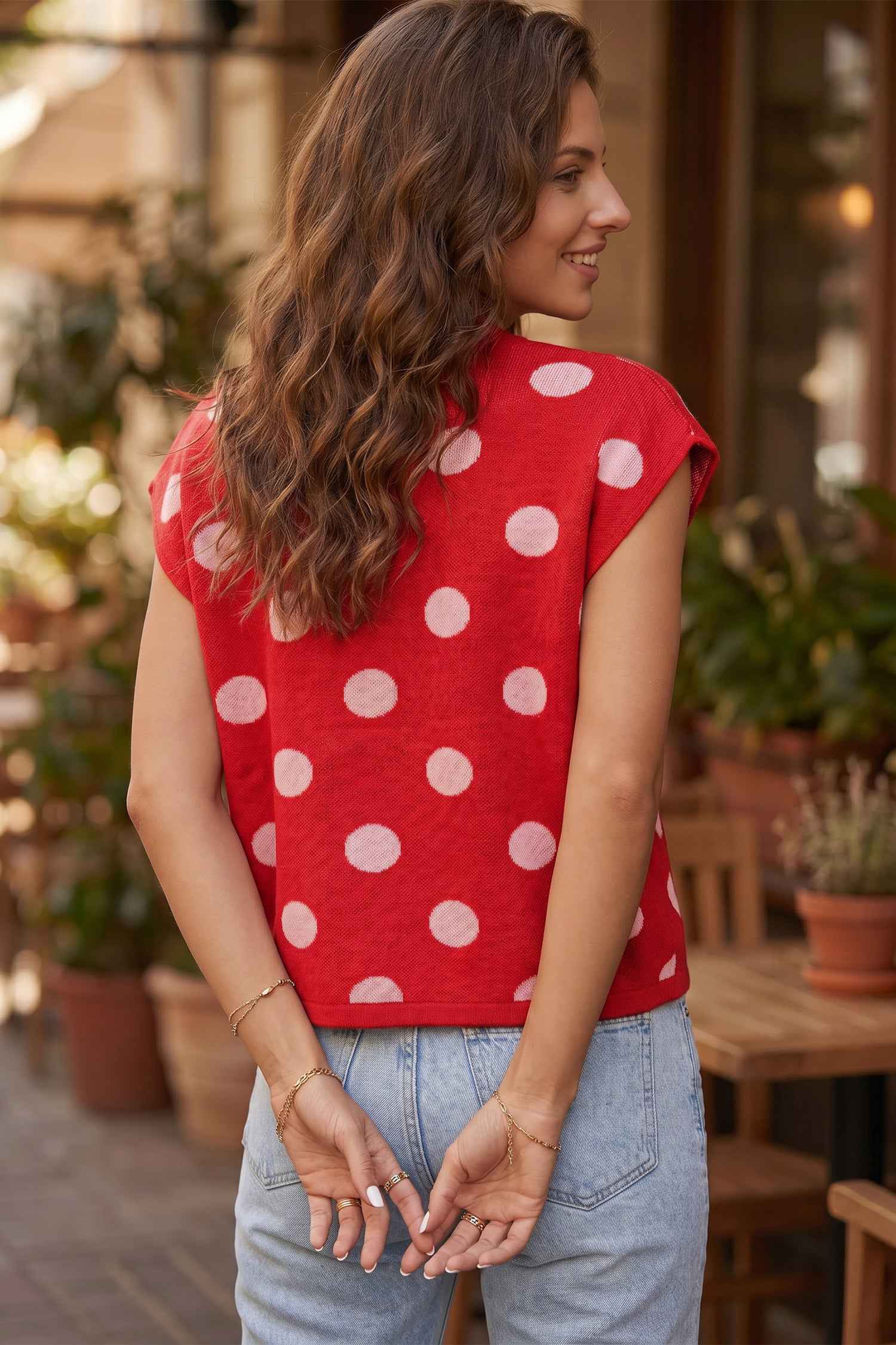 Red Polka Dot Sleeveless Knit Button Drop Shoulder Sweater Vest