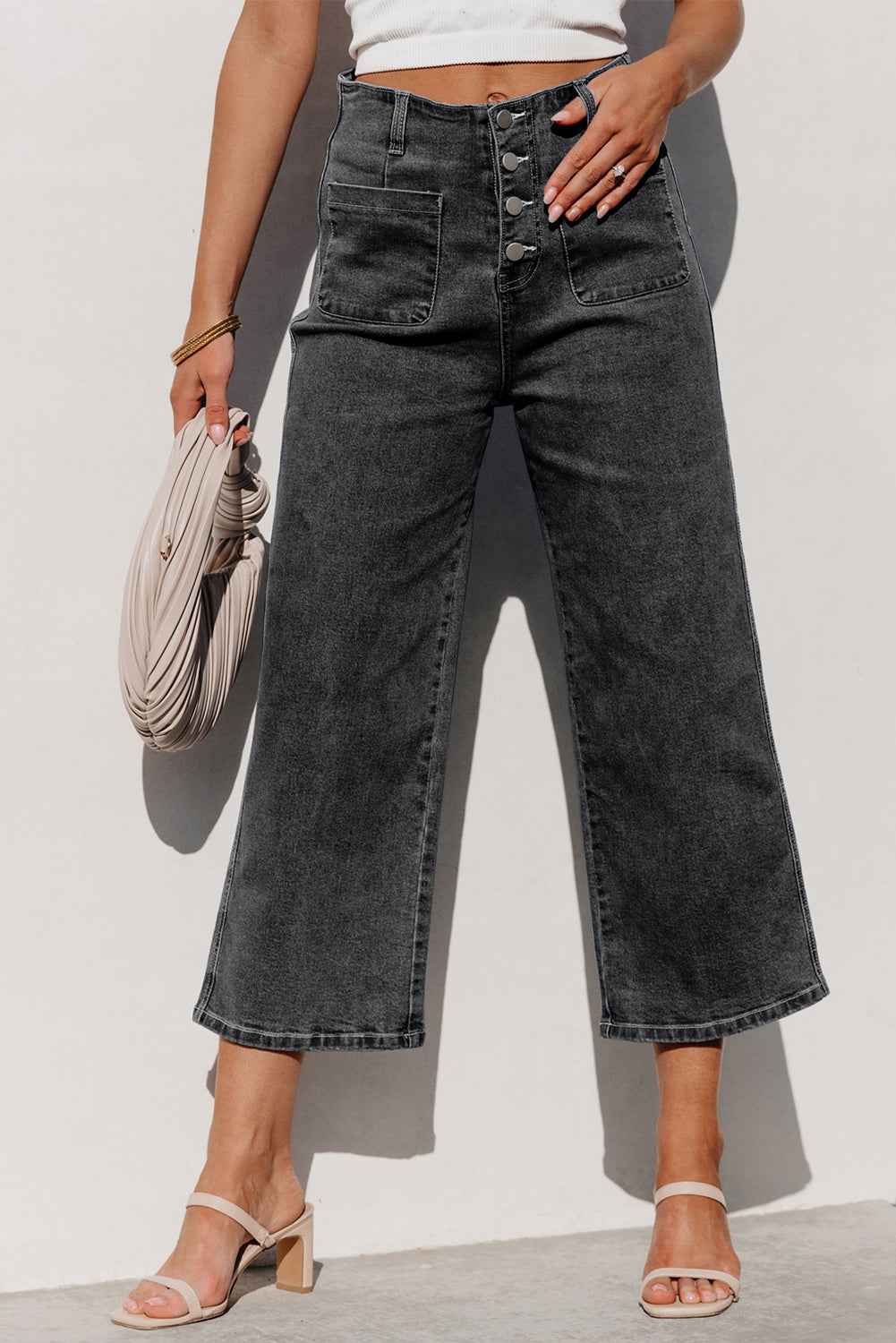 Gray High Waist Button Front Wide Leg Cropped Jeans