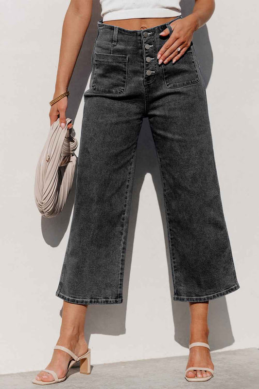 Gray High Waist Button Front Wide Leg Cropped Jeans