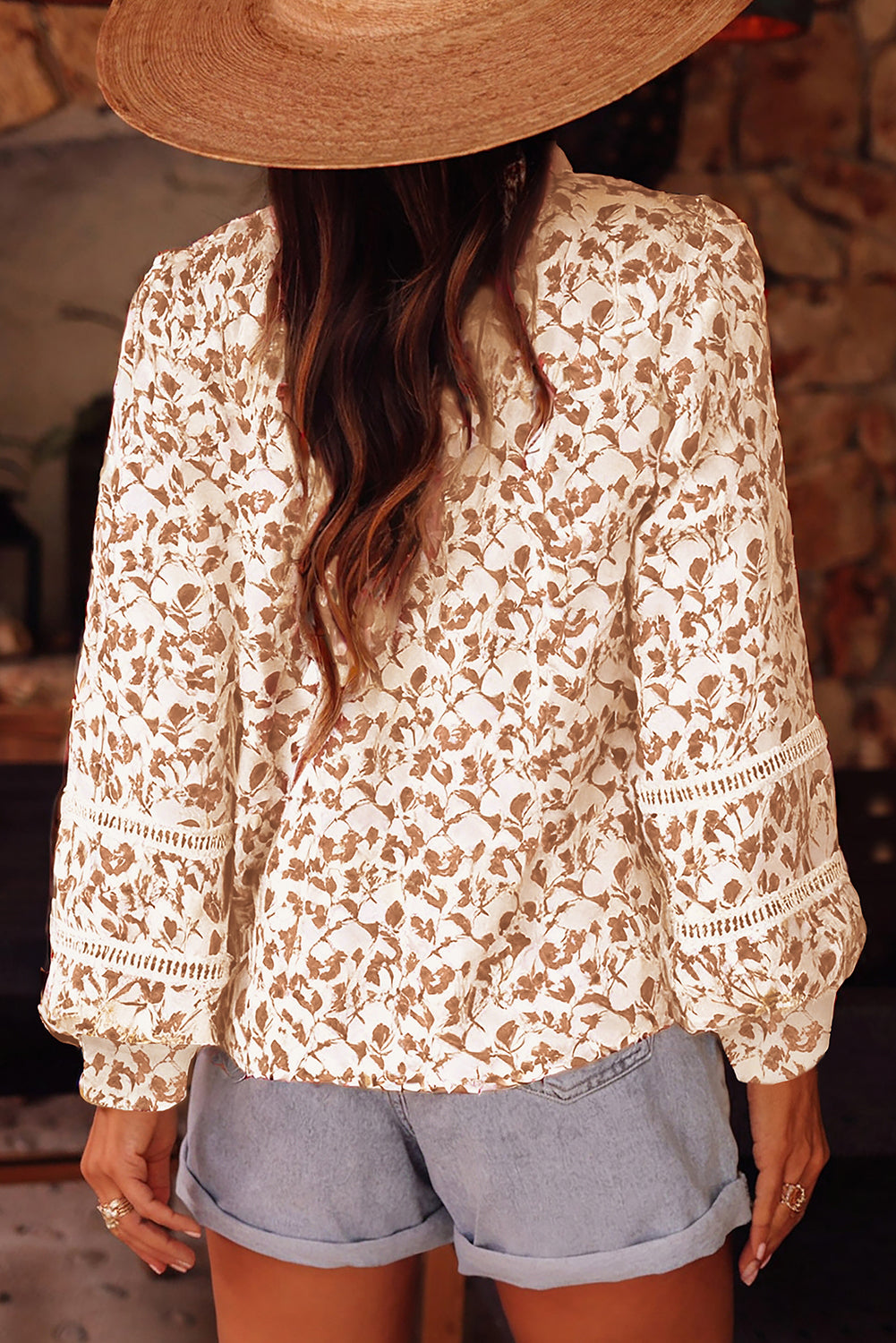 Blue Floral Print Lace Detail Puff Sleeve Shirt
