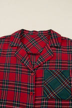 Green Plaid Christmas Holiday Patchwork Long Sleeve Shirt and Shorts Pajama Set