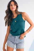 Blue Sapphire Solid Color Stitching Detail Round Neck Tank Top