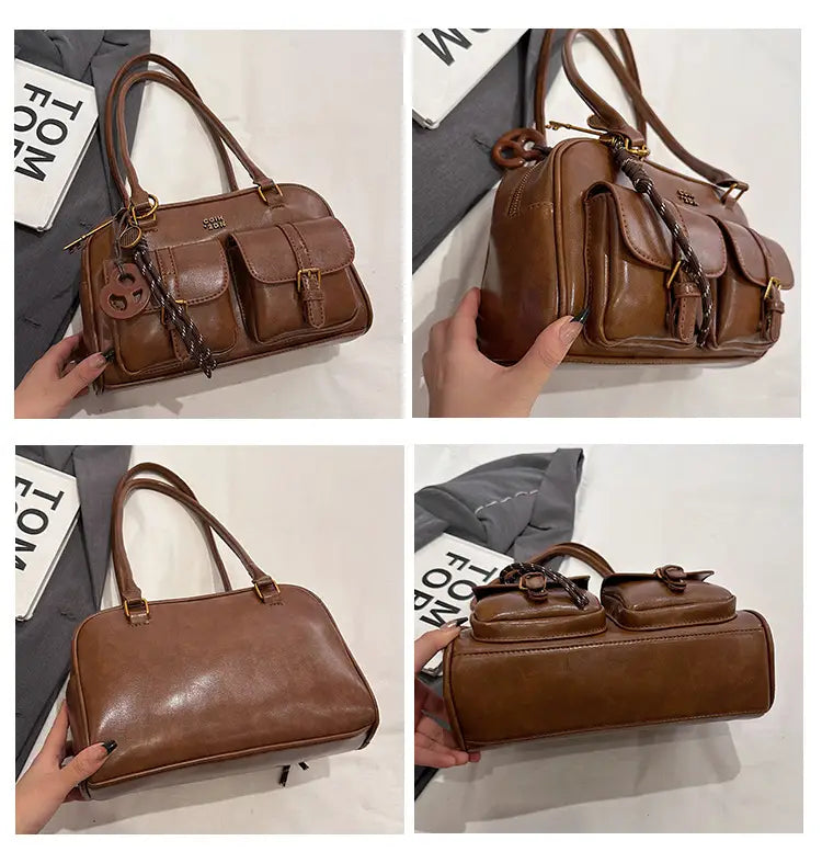 Korean-style retro shoulder bag fashion trendy casual boston bag stylish bowling bag