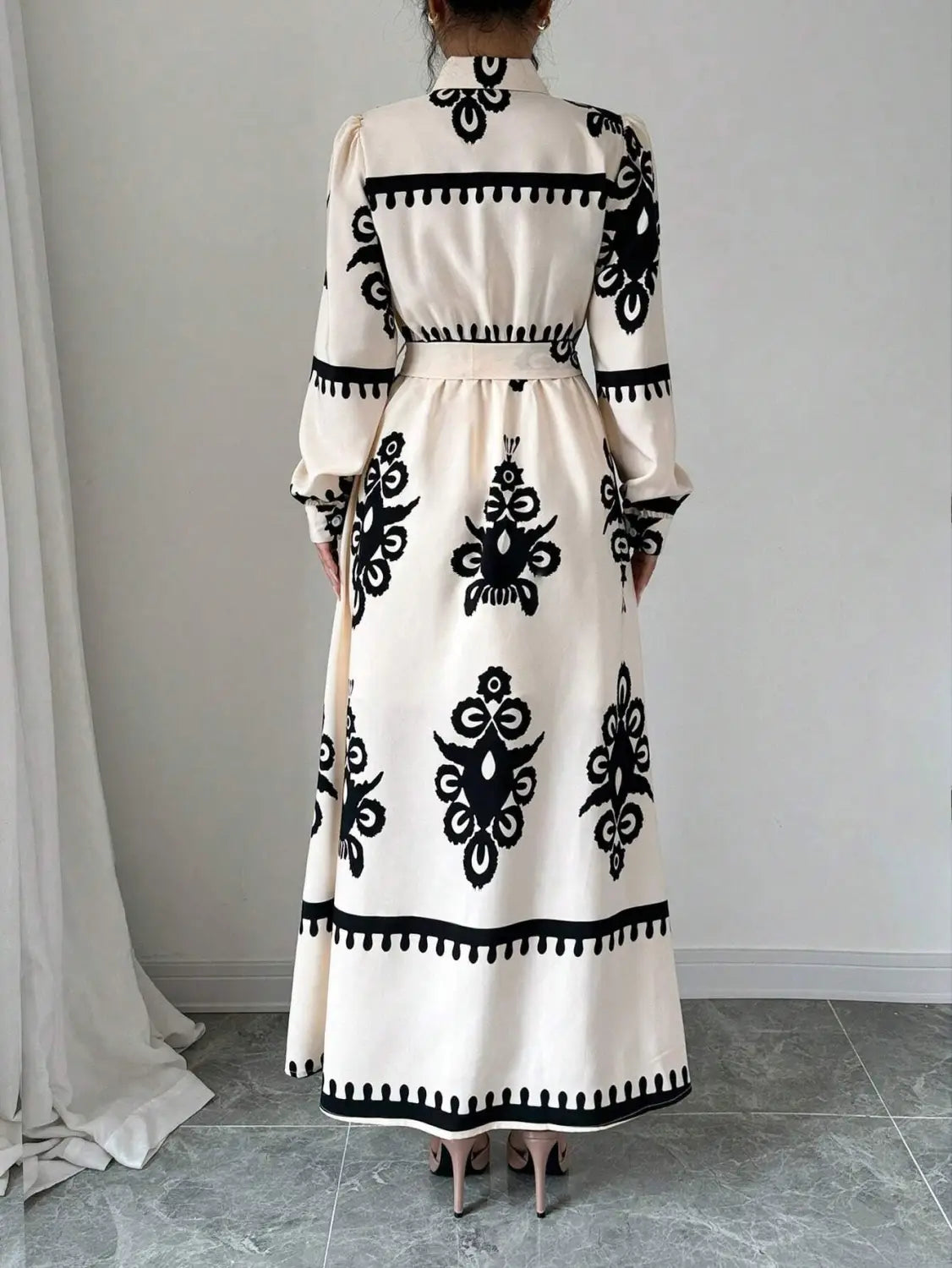Style printed tie-up long dress with a-line silhouette