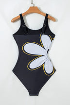 Black Drawstring Big Hole Floral Print Sleeveless One Piece Swimsuit