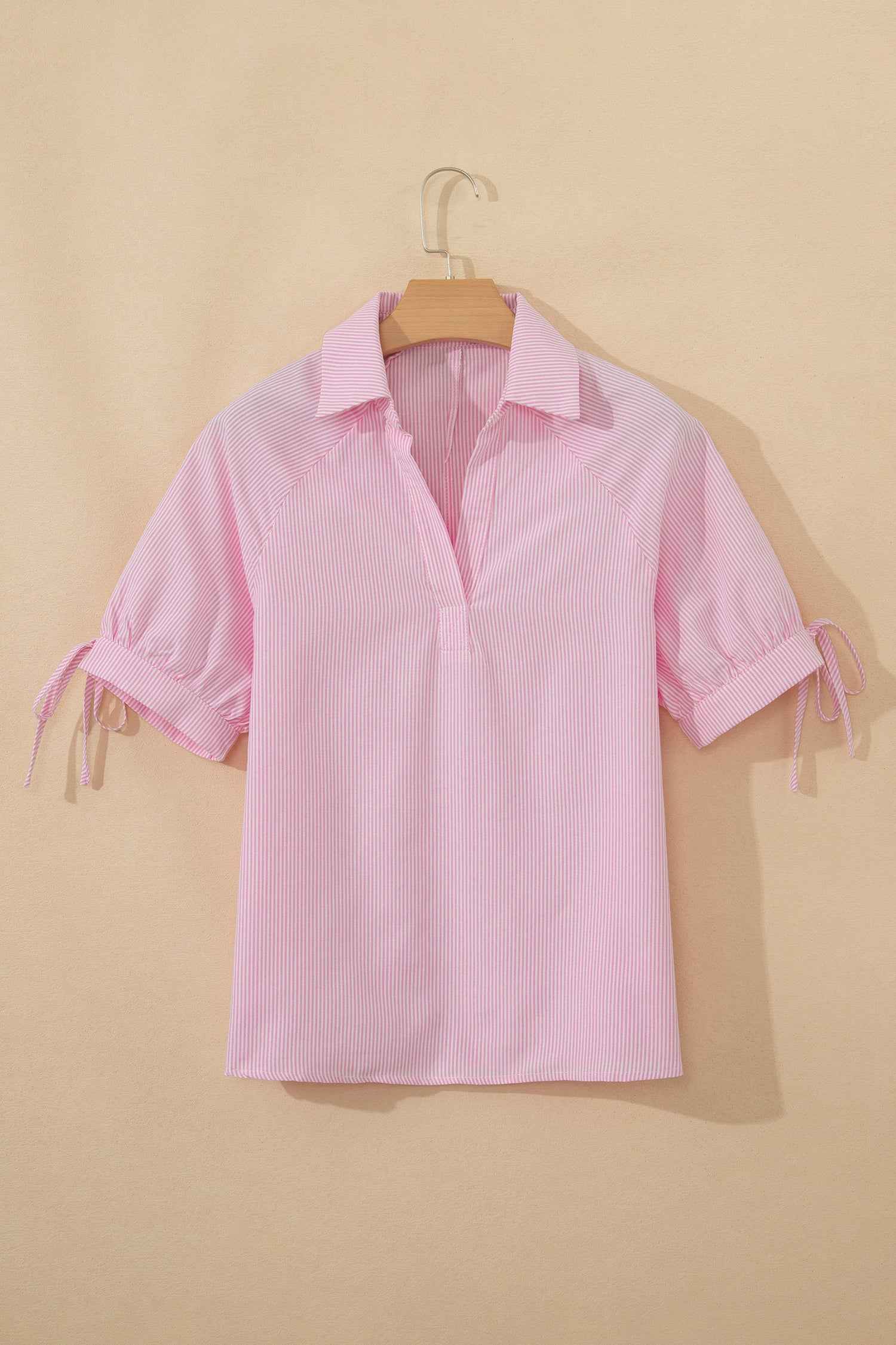 Pink Striped Print Collared Split Neck Half Sleeve Blouse