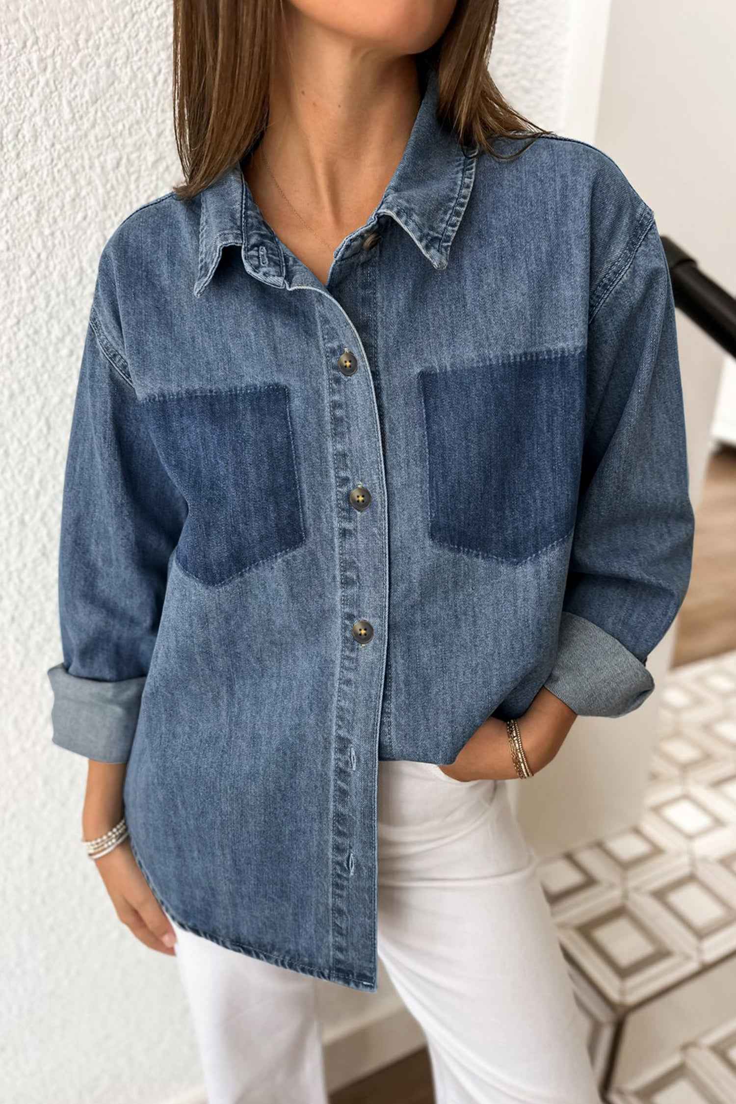 Sky Blue Color Block Pocket Detail Casual Button Down Denim Shirt